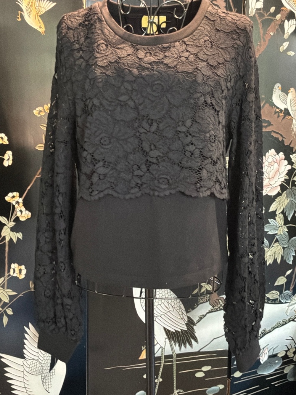 Maeve by anthropology, black lace overlay long sleeve sweatshirt size small
